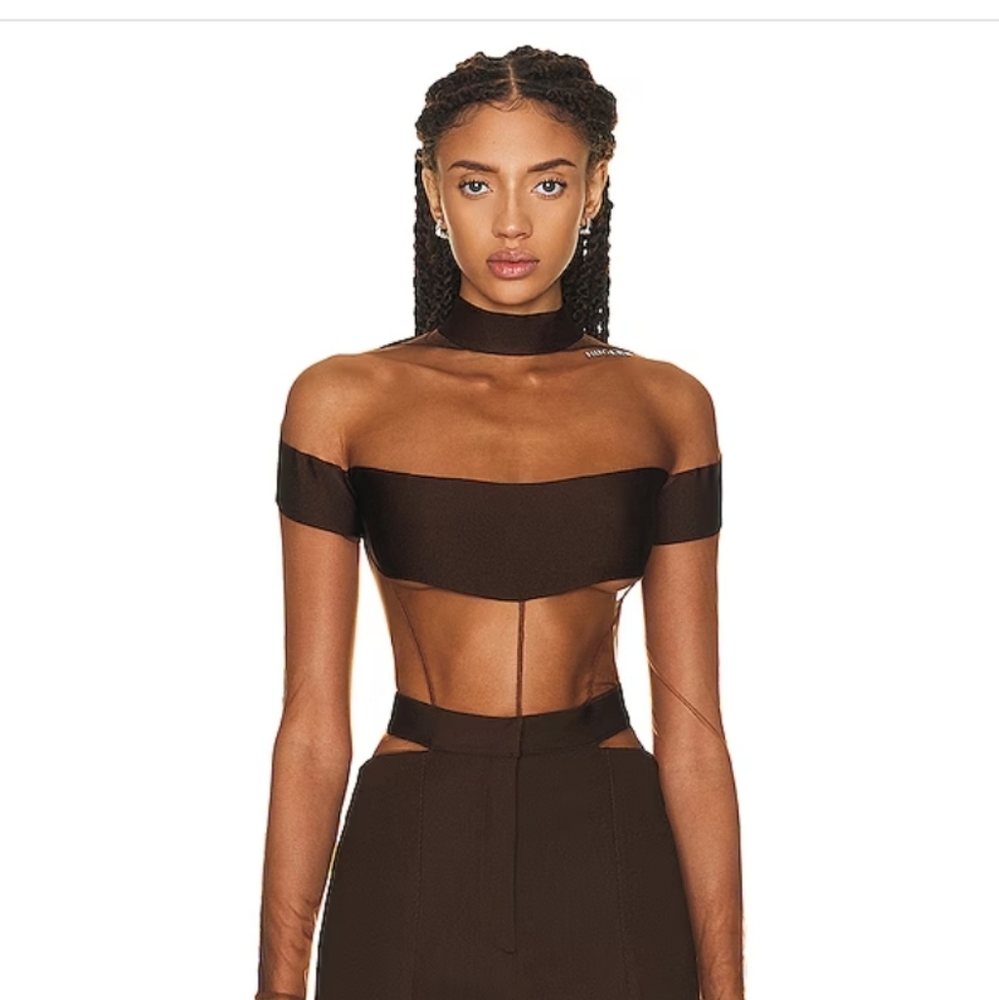 MUGLER Long Sleeve Bodysuit in Chocolate & Nude